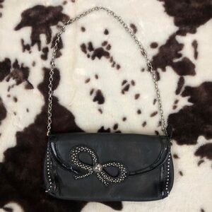 Brighton Black Real Leather Studs Bow Shoulder Chain Clutch Flap Bag Purse Goth